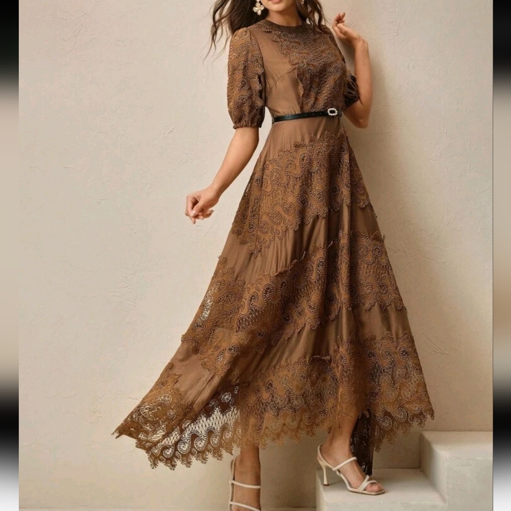 Women Elegant Round Neck Lace Patchwork Dress